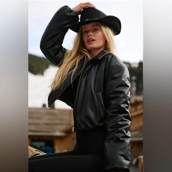 New Alo Yoga Faux Leather Cropped Premier Bomber - Black - Picture 5 of 14